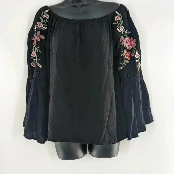 Umgee Boho Gypsy Off Shoulder Lace Embroidered Bell Sleeve Top Blouse Shirt Med - Picture 1 of 14